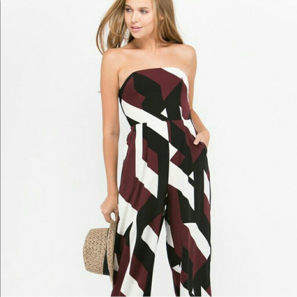 PETAL ROZ Printed Wide Leg Strapless Jumpsuit